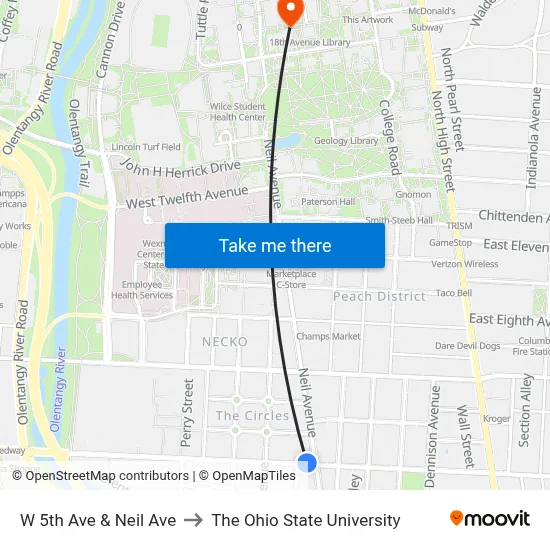 W 5th Ave & Neil Ave to The Ohio State University map