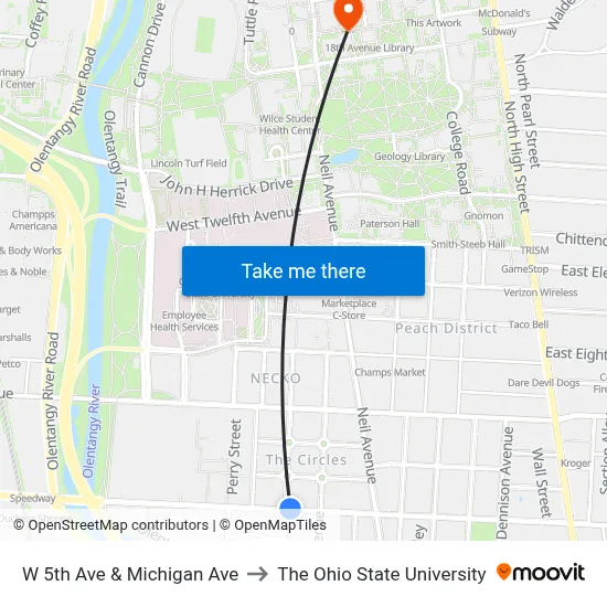 W 5th Ave & Michigan Ave to The Ohio State University map