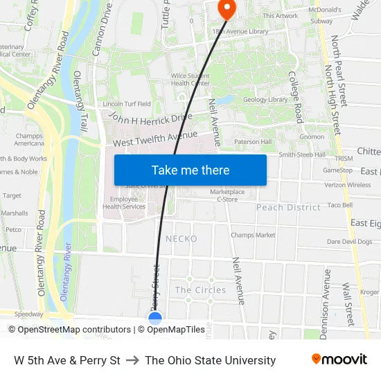 W 5th Ave & Perry St to The Ohio State University map