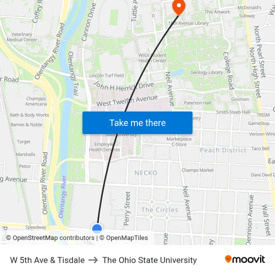 W 5th Ave & Tisdale to The Ohio State University map