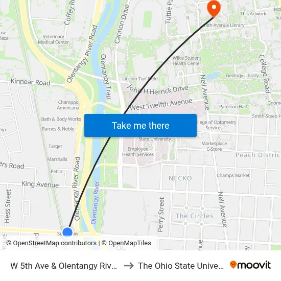W 5th Ave & Olentangy River Rd to The Ohio State University map