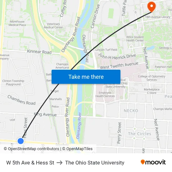 W 5th Ave & Hess St to The Ohio State University map