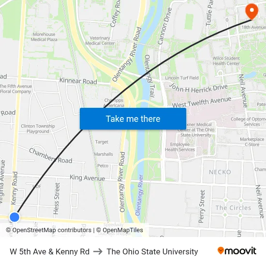 W 5th Ave & Kenny Rd to The Ohio State University map