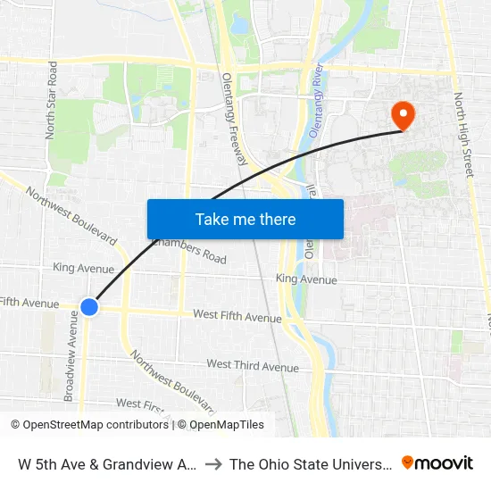 W 5th Ave & Grandview Ave to The Ohio State University map