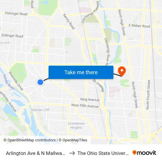 Arlington Ave & N Mallway Dr to The Ohio State University map