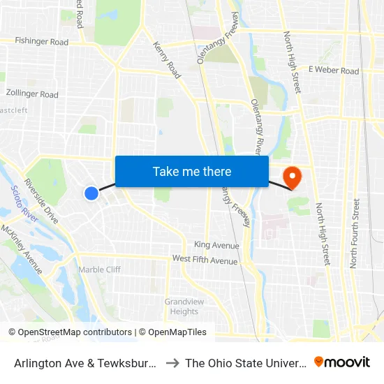 Arlington Ave & Tewksbury Rd to The Ohio State University map