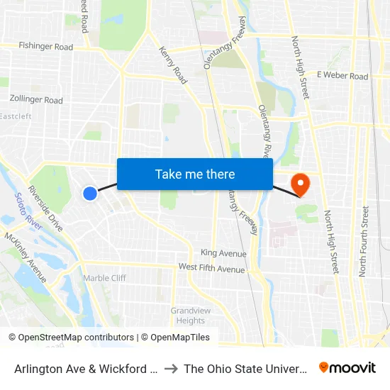 Arlington Ave & Wickford Rd to The Ohio State University map