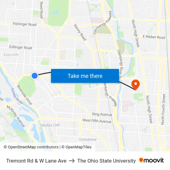 Tremont Rd & W Lane Ave to The Ohio State University map