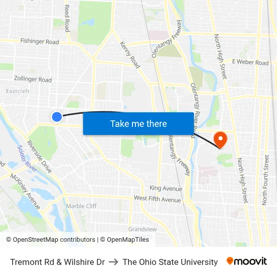 Tremont Rd & Wilshire Dr to The Ohio State University map
