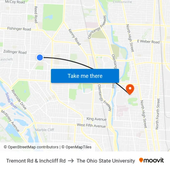 Tremont Rd & Inchcliff Rd to The Ohio State University map