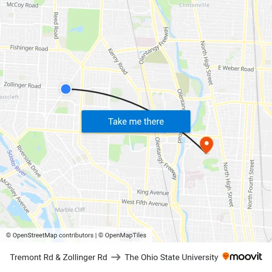 Tremont Rd & Zollinger Rd to The Ohio State University map