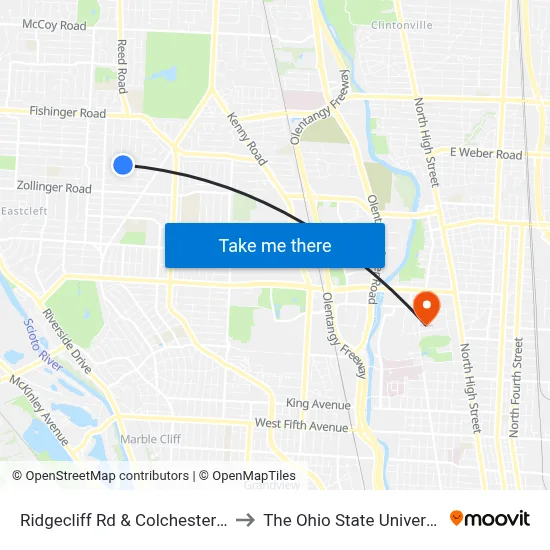 Ridgecliff Rd & Colchester Rd to The Ohio State University map