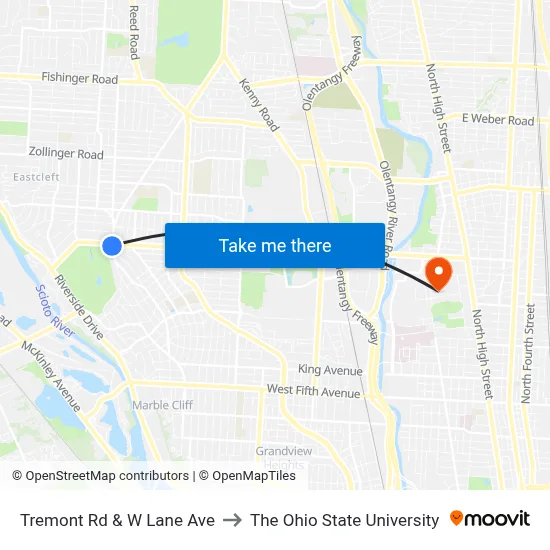 Tremont Rd & W Lane Ave to The Ohio State University map