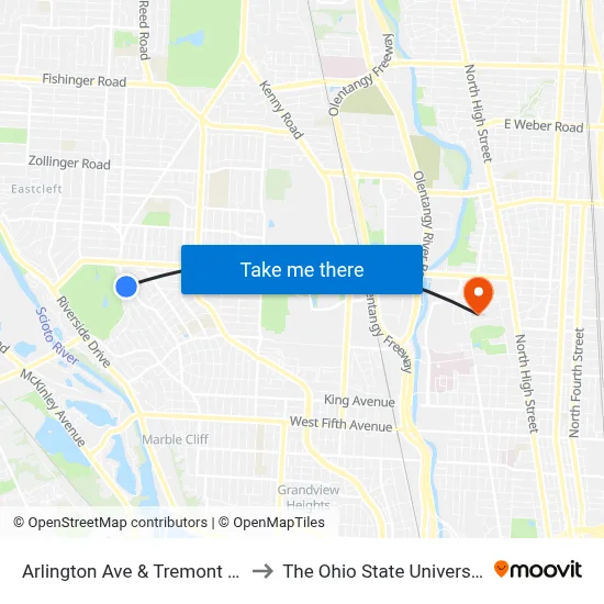Arlington Ave & Tremont Rd to The Ohio State University map
