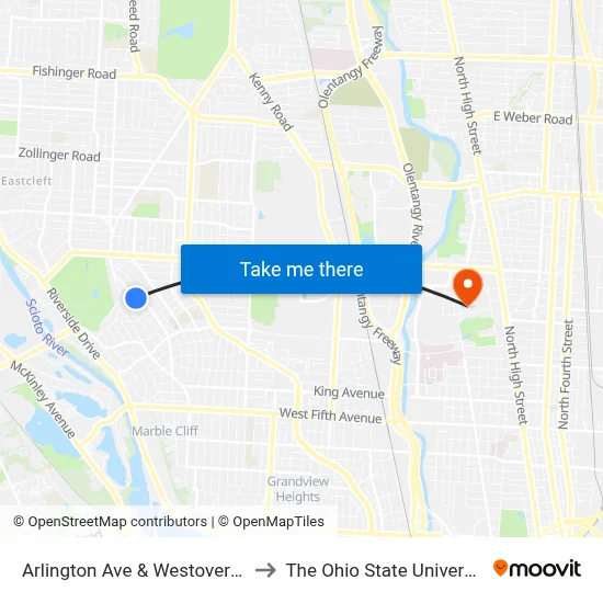 Arlington Ave & Westover Rd to The Ohio State University map