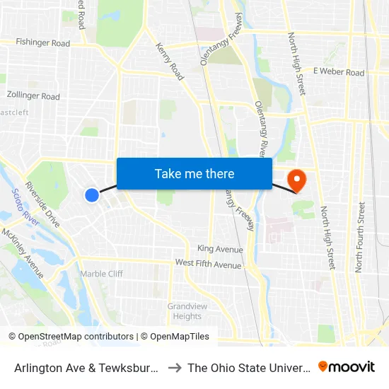 Arlington Ave & Tewksbury Rd to The Ohio State University map