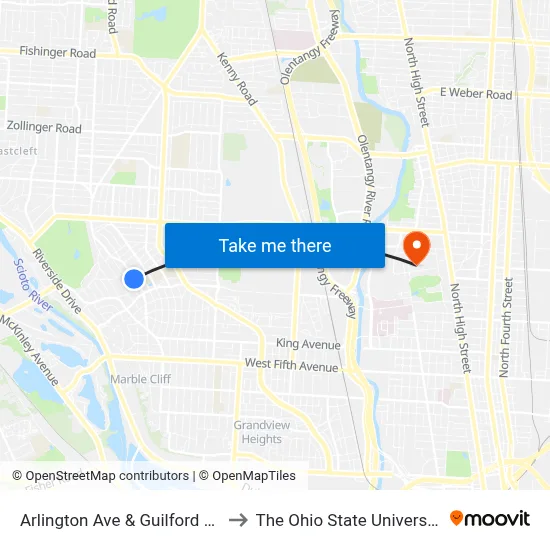 Arlington Ave & Guilford Rd to The Ohio State University map