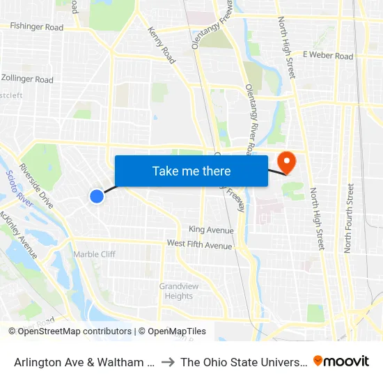 Arlington Ave & Waltham Rd to The Ohio State University map