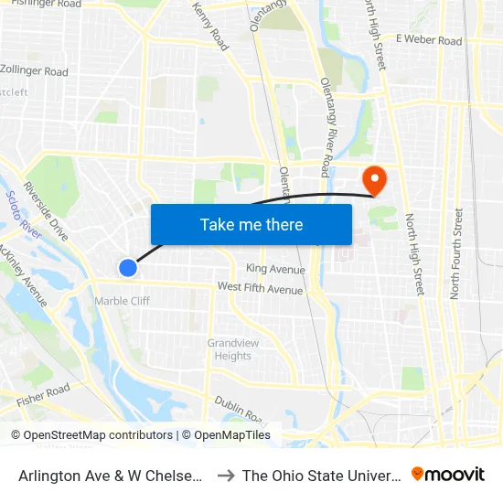 Arlington Ave & W Chelsea Rd to The Ohio State University map