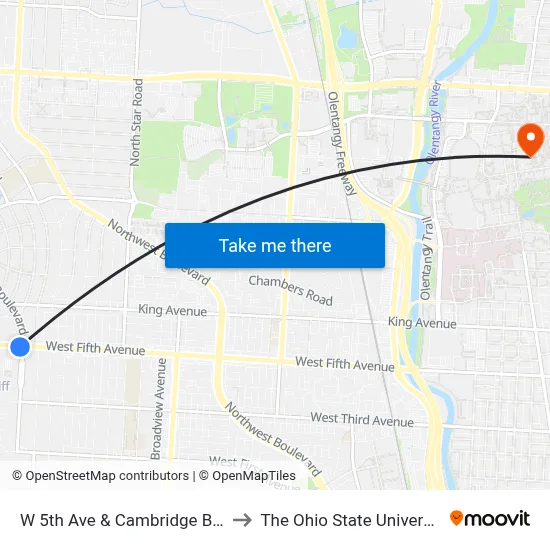 W 5th Ave & Cambridge Blvd to The Ohio State University map