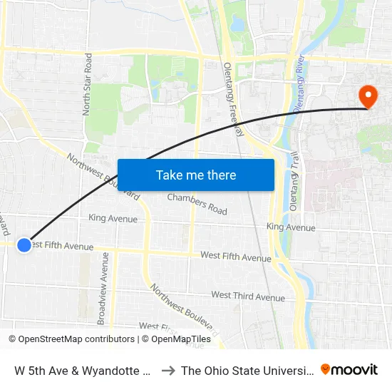 W 5th Ave & Wyandotte Rd to The Ohio State University map