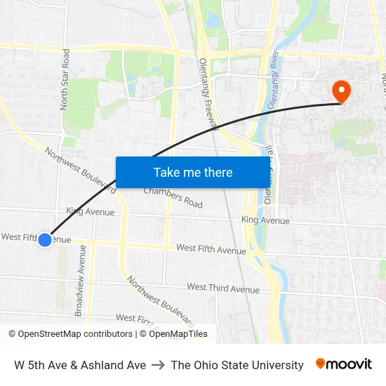 W 5th Ave & Ashland Ave to The Ohio State University map