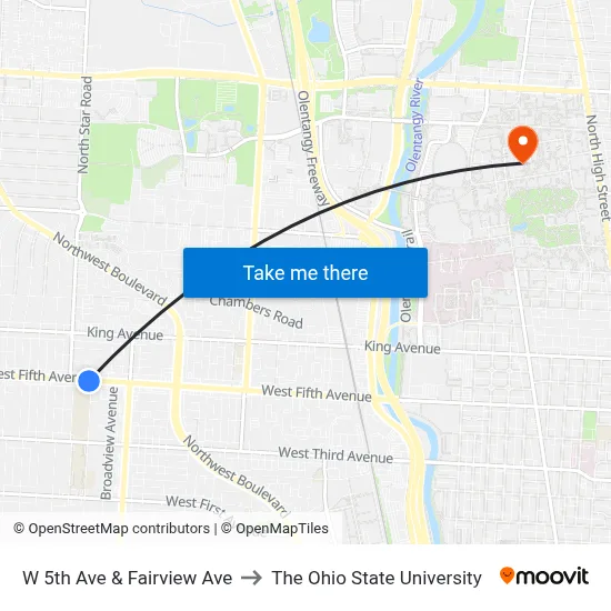 W 5th Ave & Fairview Ave to The Ohio State University map