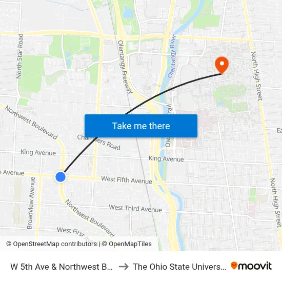 W 5th Ave & Northwest Blvd to The Ohio State University map