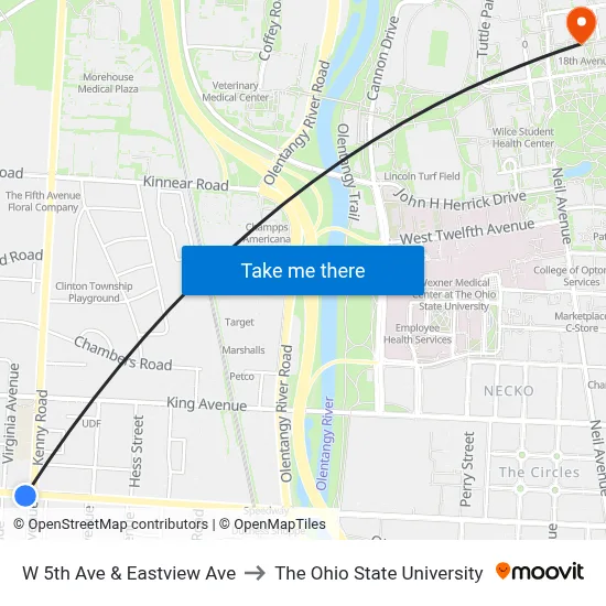 W 5th Ave & Eastview Ave to The Ohio State University map