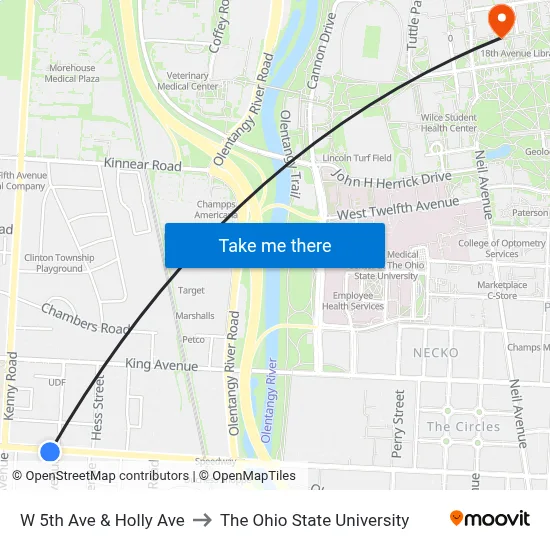 W 5th Ave & Holly Ave to The Ohio State University map