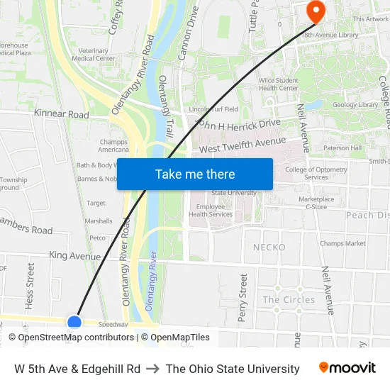 W 5th Ave & Edgehill Rd to The Ohio State University map