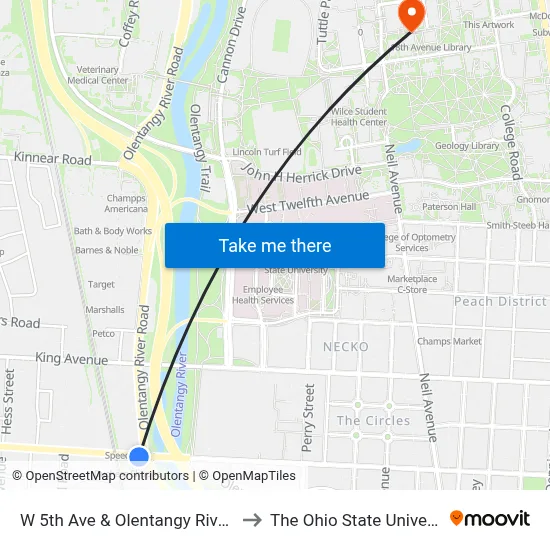 W 5th Ave & Olentangy River Rd to The Ohio State University map