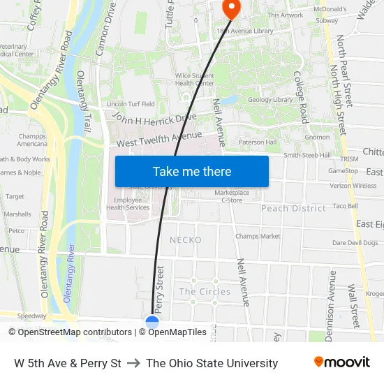 W 5th Ave & Perry St to The Ohio State University map
