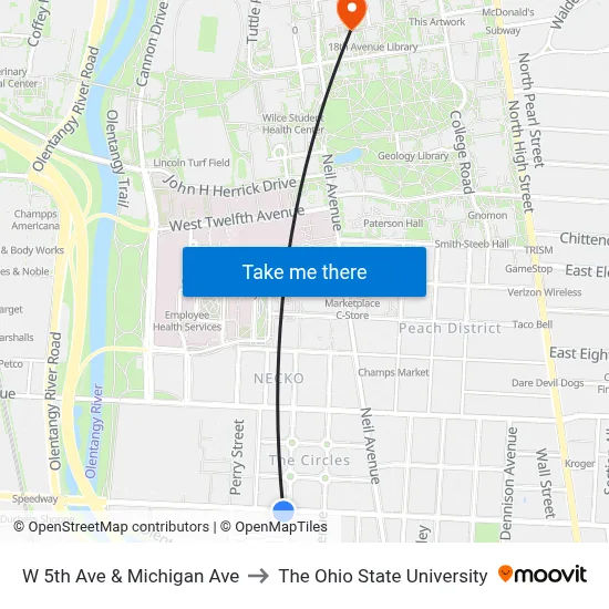 W 5th Ave & Michigan Ave to The Ohio State University map