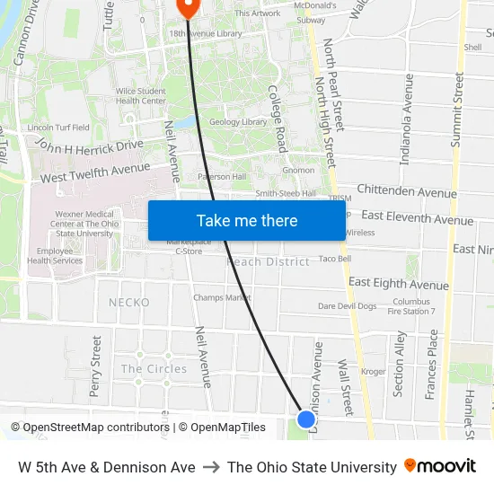 W 5th Ave & Dennison Ave to The Ohio State University map