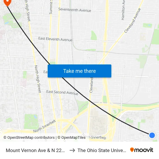 Mount Vernon Ave & N 22nd St to The Ohio State University map