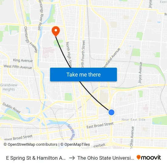 E Spring St & Hamilton Ave to The Ohio State University map