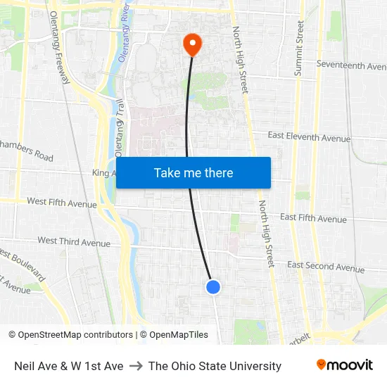 Neil Ave & W 1st Ave to The Ohio State University map