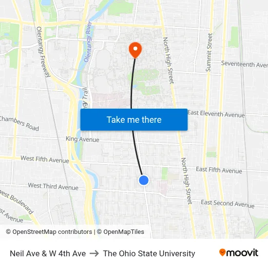 Neil Ave & W 4th Ave to The Ohio State University map