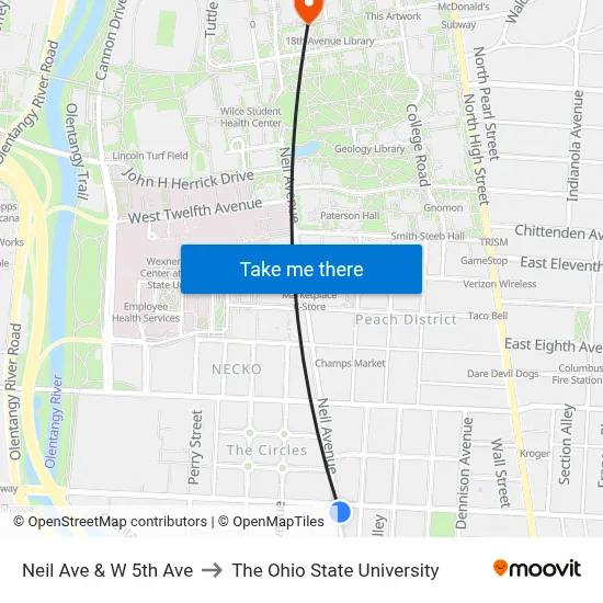 Neil Ave & W 5th Ave to The Ohio State University map