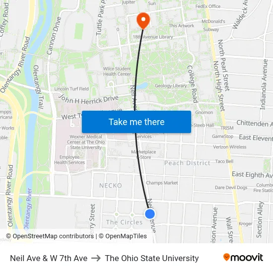 Neil Ave & W 7th Ave to The Ohio State University map