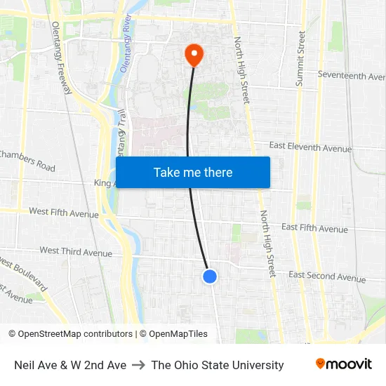 Neil Ave & W 2nd Ave to The Ohio State University map