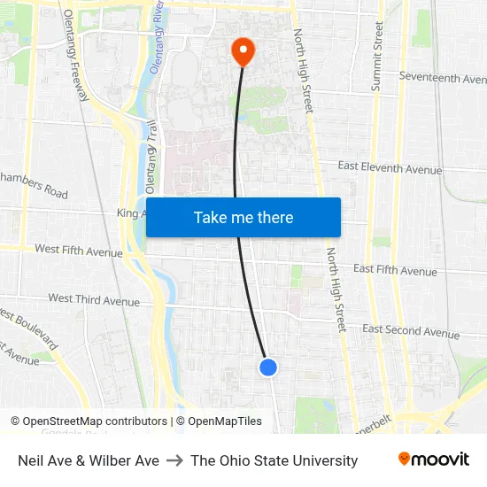 Neil Ave & Wilber Ave to The Ohio State University map