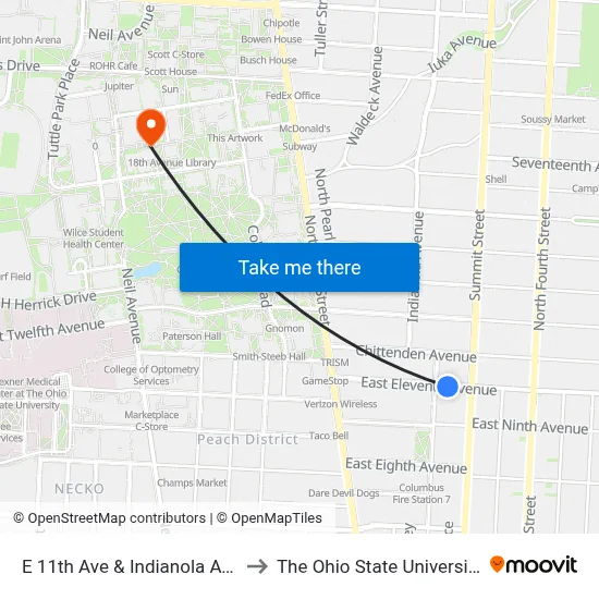 E 11th Ave & Indianola Ave to The Ohio State University map