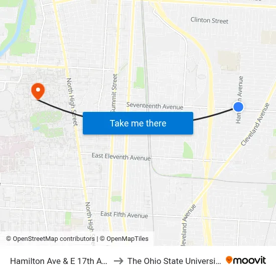 Hamilton Ave & E 17th Ave to The Ohio State University map