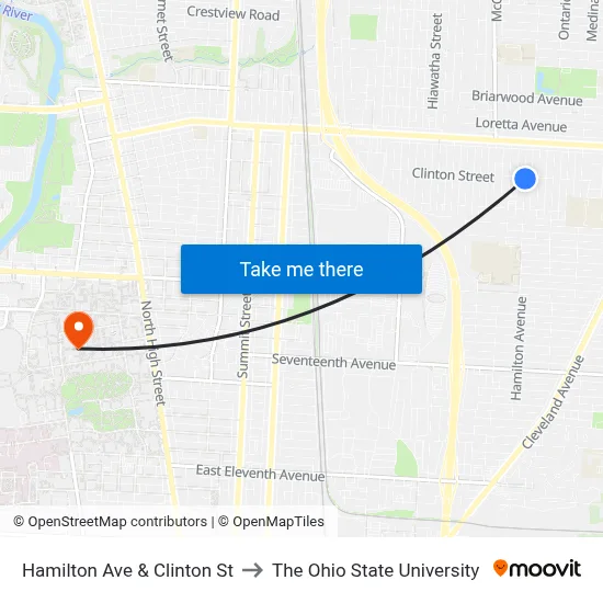 Hamilton Ave & Clinton St to The Ohio State University map