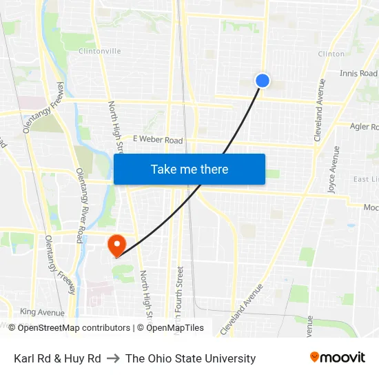 Karl Rd & Huy Rd to The Ohio State University map
