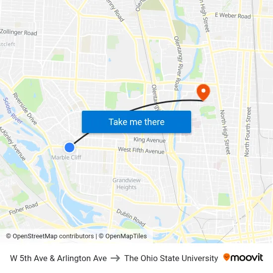 W 5th Ave & Arlington Ave to The Ohio State University map