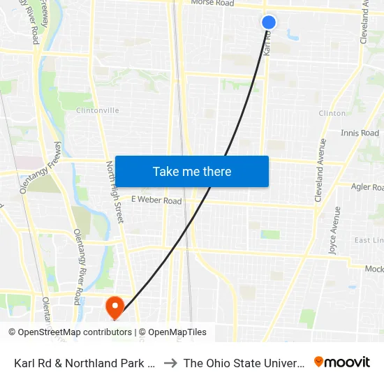 Karl Rd & Northland Park Ave to The Ohio State University map