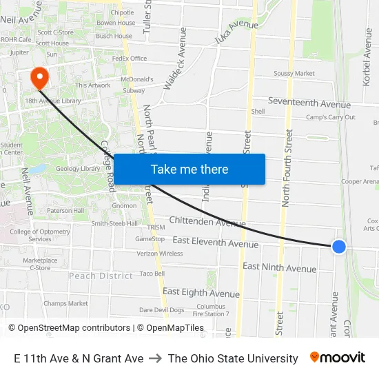 E 11th Ave & N Grant Ave to The Ohio State University map